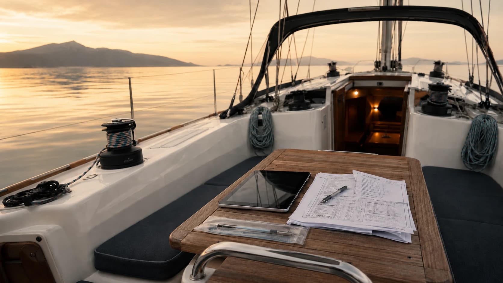 Golden-hour sailboat cockpit with documents on a table